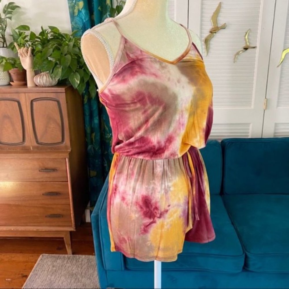 CY Fashion | Tie Dye Strappy Spaghetti Strap Romper Mustard Burgundy Soft Small - Picture 5 of 12